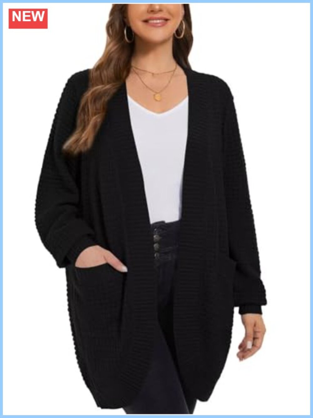 Plus Size Waffle Knit Open Front Cardigan with Pockets Long Sleeve Loose